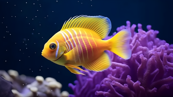 热带黄色鱼和紫色珊瑚摄影图片