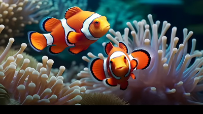 水下摄影海葵中的两只小丑鱼摄影图