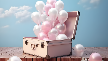 天空中的粉白色气球和复古手提箱摄影图片