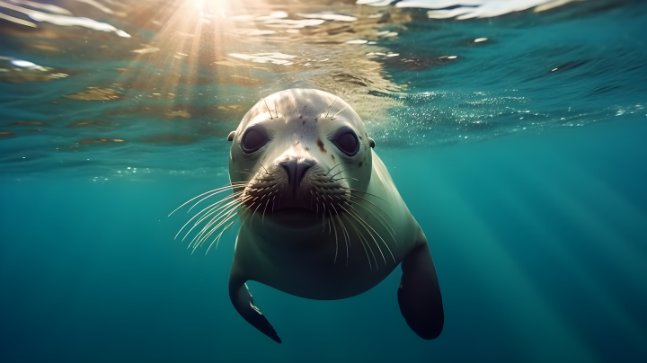 海洋中游泳的海豹阳光照射着它摄影版权图片下载
