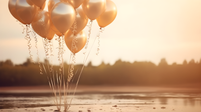 唯美河畔金色气球摄影图片
