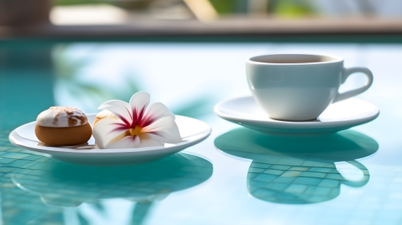 泰式艺术风格的甜点和一杯茶摄影图片
