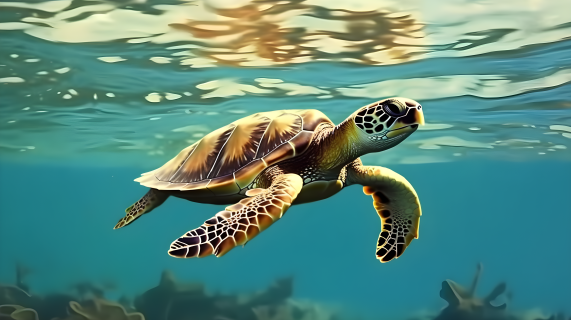 碧蓝海水中漂浮的棕色海龟摄影图片
