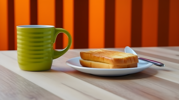 餐桌上的面包与绿色茶杯摄影图片
