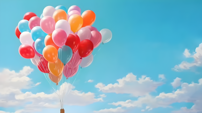 蓝天白云下的彩色气球摄影图片