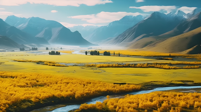 山谷间的青蓝与浅棕秋日风景摄影图