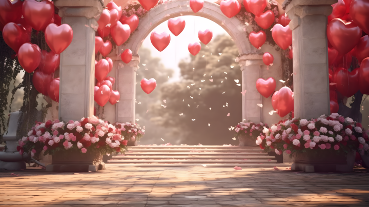 花园婚礼背景红白气球摄影版权图片下载