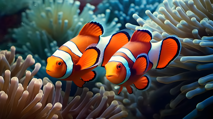 海底世界中的两只小丑鱼摄影版权图片下载
