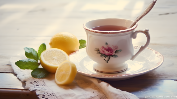 美丽茶杯里的柠檬茶摄影图片