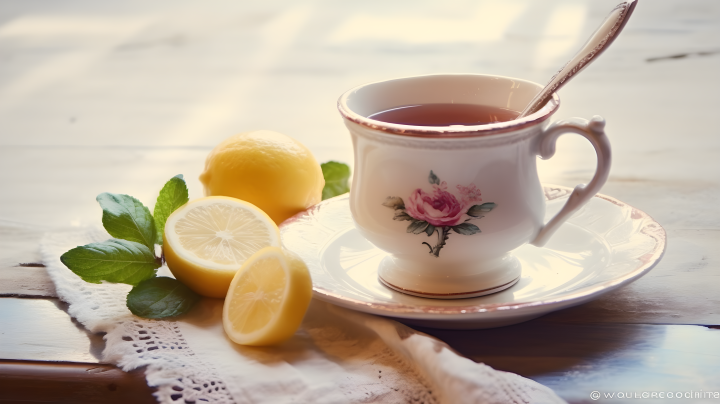美丽茶杯里的柠檬茶摄影版权图片下载