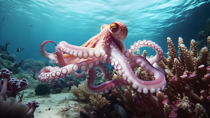 珊瑚中的章鱼游动摄影版权图片下载