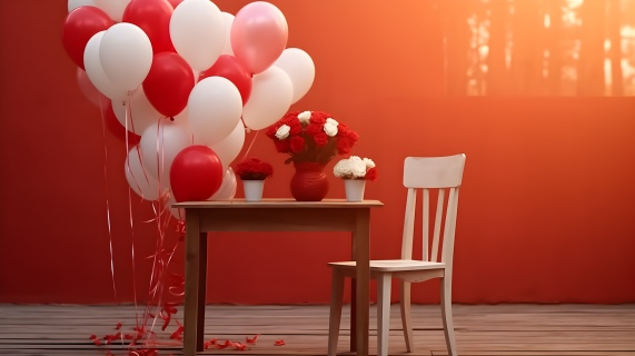 浪漫情人节红玫瑰与彩色气球摄影图片