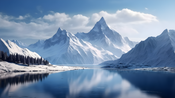 雪山倒映湖泊晴空下的摄影图片