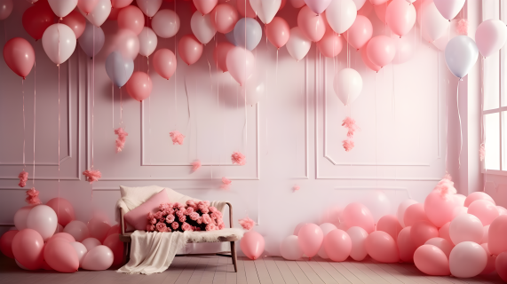 粉白气球填满的房间摄影图片