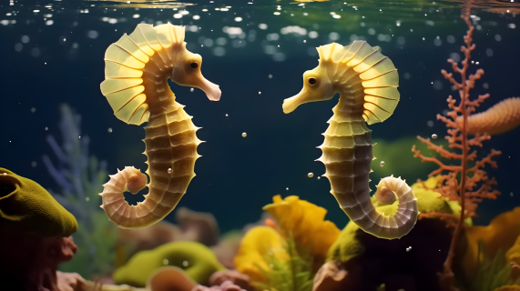 海洋生物两只黄色海马游动摄影图片