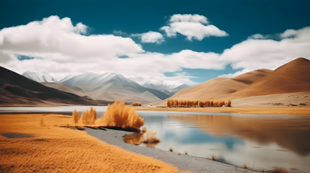 秋色青藏湖畔摄影图