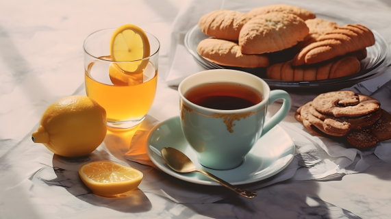 柠檬和饼干的下午茶摄影图片