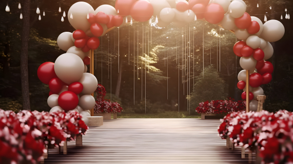 红白气球花园婚礼摄影图片