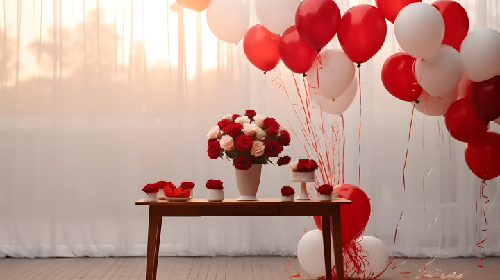 温馨节日浪漫红玫瑰和红气球摄影版权图片下载