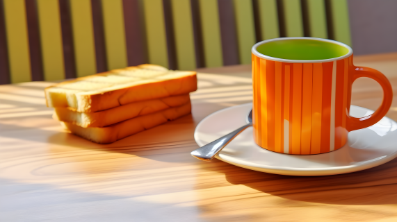 橙色茶杯和美味面包摄影图片