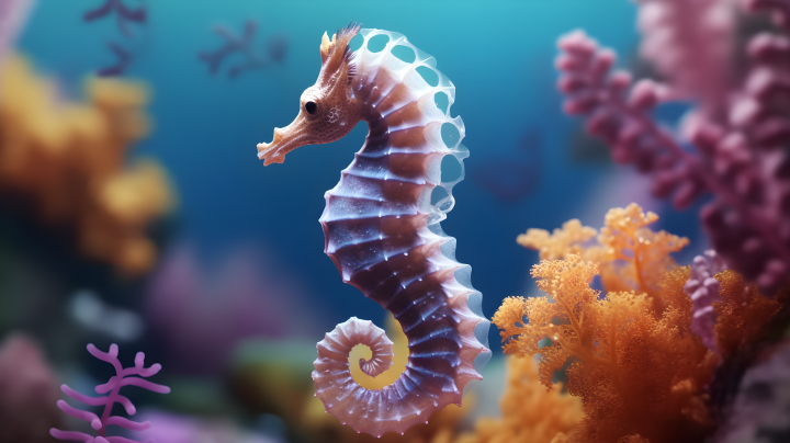 梦幻珊瑚中游的海马摄影版权图片下载