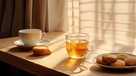 光影照耀的饼干与茶杯摄影图