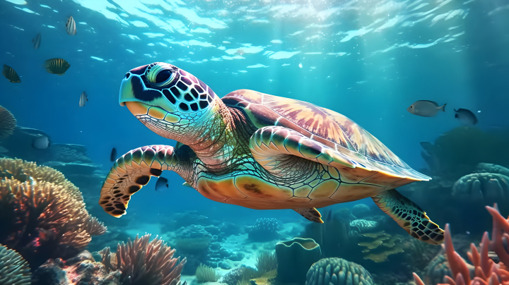 海洋中自由游动的乌龟摄影版权图片下载