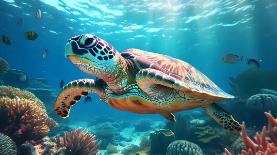 海洋中自由游动的乌龟摄影图片