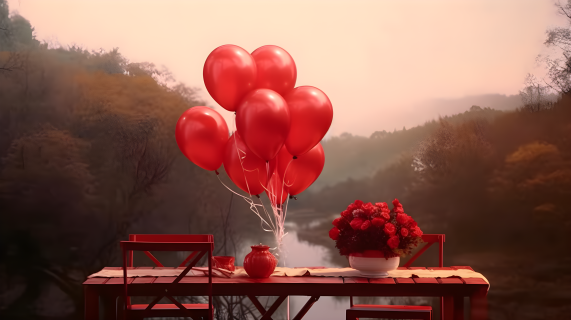 红玫瑰与气球美景摄影图
