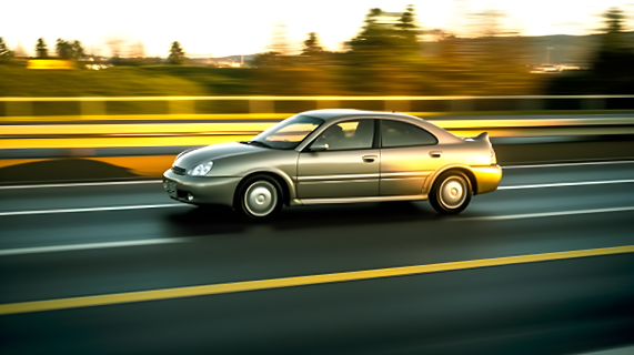 黄铜光辉的银色汽车在高速公路中驰骋摄影图