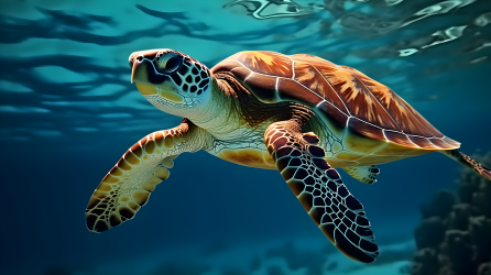 蔚蓝深海中的棕色海龟近景摄影图片