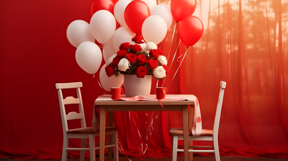 红纱布背景下的玫瑰与气球摄影图片
