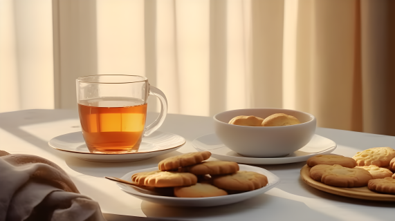 宁静午后的下午茶饼干摄影图片