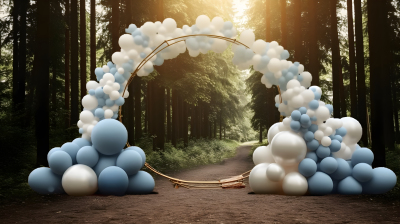 森林中的蓝白气球拱门摄影图片