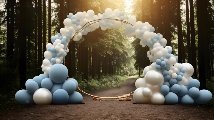森林中的蓝白气球拱门摄影版权图片下载