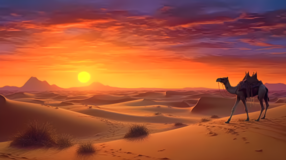日落沙丘上的沙漠骆驼摄影图片