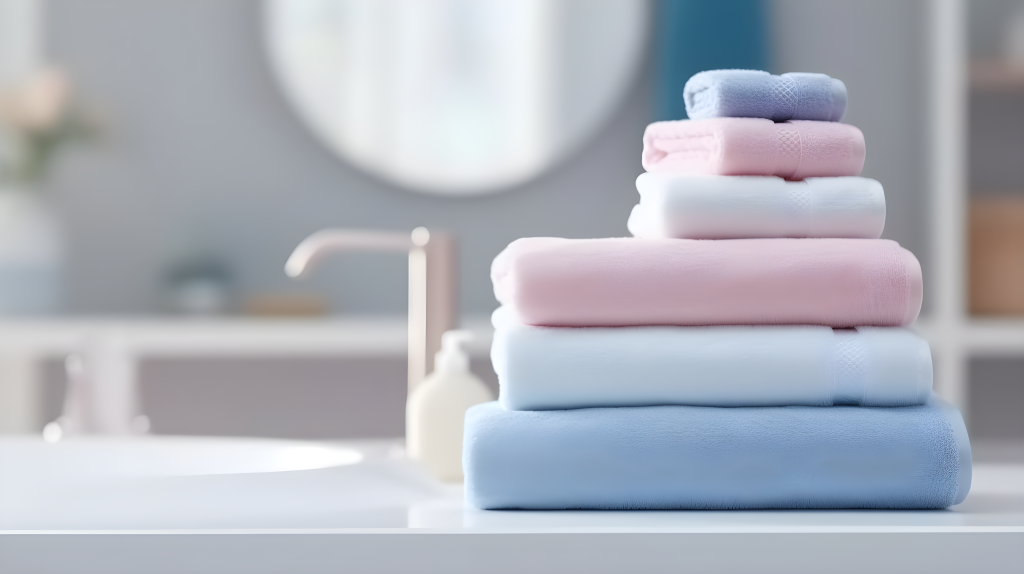 洗手池旁的浅蓝色毛巾摄影版权图片下载