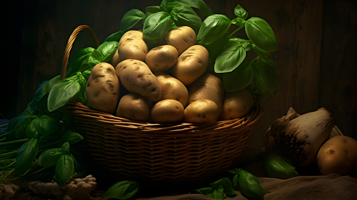 土豆和罗勒装在篮子里摄影版权图片下载