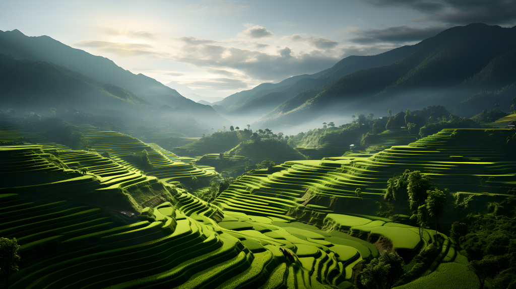 大山里的绿色梯田美景摄影版权图片下载