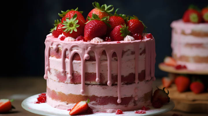 绚丽浓香草莓蛋糕摄影图版权图片下载