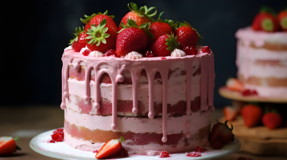 绚丽浓香草莓蛋糕摄影图