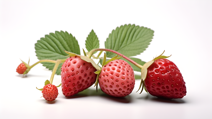 白色背景上的草莓和叶子摄影版权图片下载