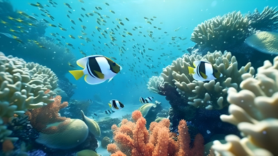 珊瑚礁上游动的黑白鱼类摄影图片