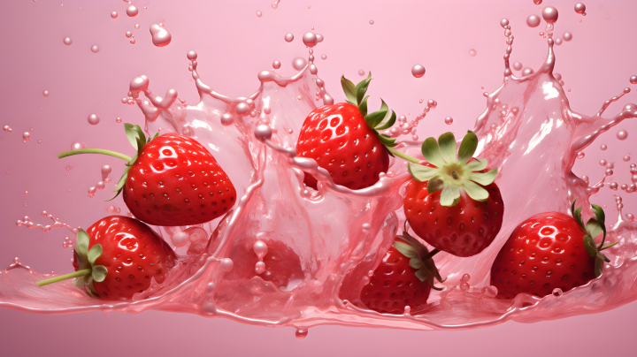 粉色背景中草莓落入水中摄影图版权图片下载