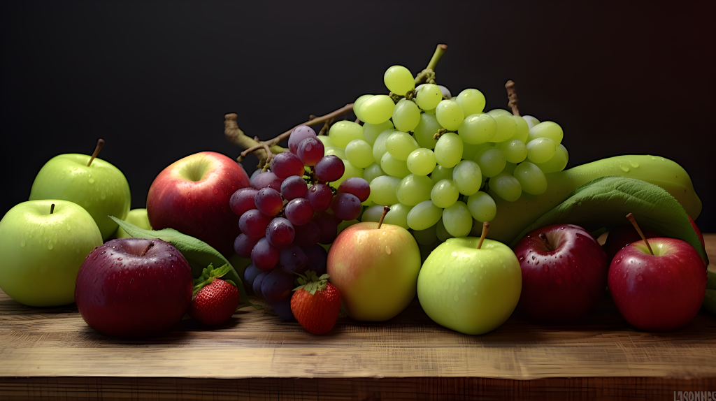 新鲜水果堆叠在木板上摄影图片