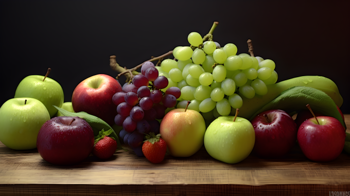 新鲜水果堆叠在木板上摄影图片