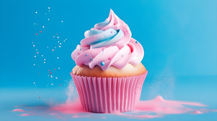 蓝色背景下的粉色纸杯蛋糕摄影图版权图片下载