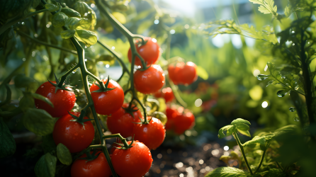 光红与银色的西红柿和绿叶蔬菜在花园中生长的摄影图