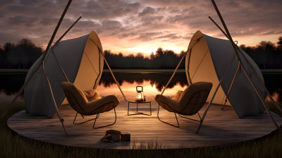 夕阳下的河岸边帐篷摄影图