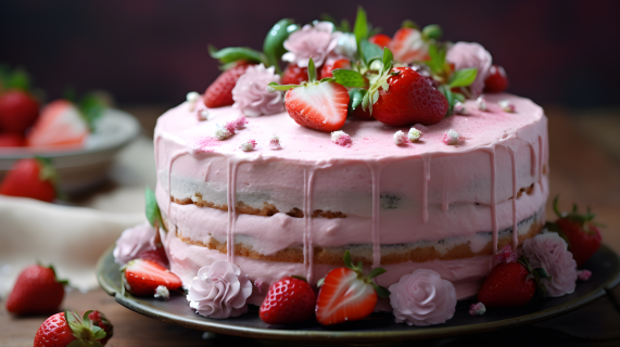 绮丽粉色草莓蛋糕摄影图片